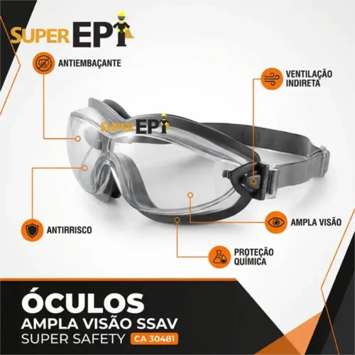 Óculos Ampla Visão Super Safety SSAV Antiembaçante Incolor CA 30481