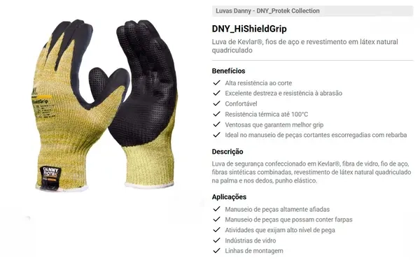 Luva Danny HiShieldGrip Kevlar® Peças Altamente Afiadas, Alto Nível de Pegada  DA-60500 CA 42750