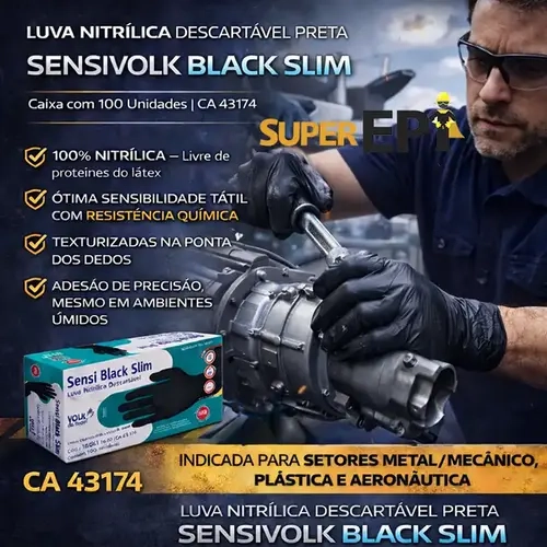 Luva Nitrílica Descartável Preta Sensivolk Black Slim Caixa com 100 Unidades CA 43174