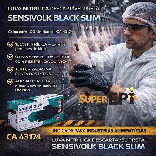 Luva Nitrílica Descartável Preta Sensivolk Black Slim Caixa com 100 Unidades CA 43174