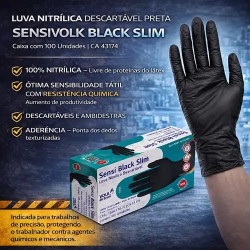 Luva Nitrílica Descartável Preta Sensivolk Black Slim Caixa com 100 Unidades CA 43174