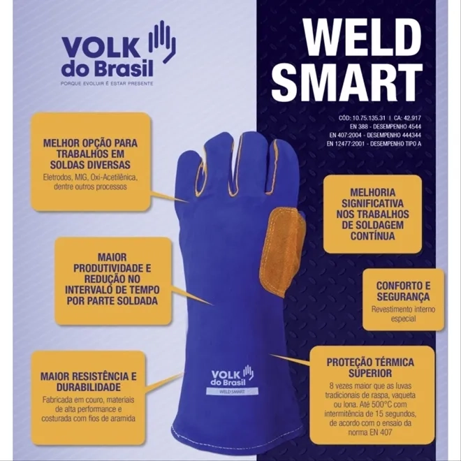 Luva de Proteção Soldador Weld Smart Volk Cano Médio Até 500º CA 42917