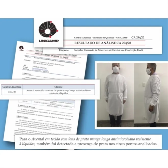 Avental Hospitalar Antiviral Com Íons de Prata Antimicrobiano Branco Lavável Com Laudo