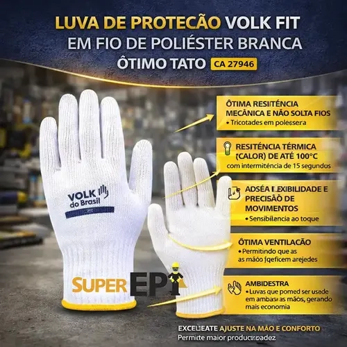 Luva de Proteção Volk Fit Em Fio de Poliéster Branca Ótimo Tato e Resistência CA 27946