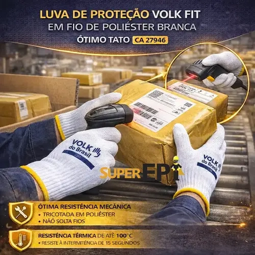 Luva de Proteção Volk Fit Em Fio de Poliéster Branca Ótimo Tato e Resistência CA 27946