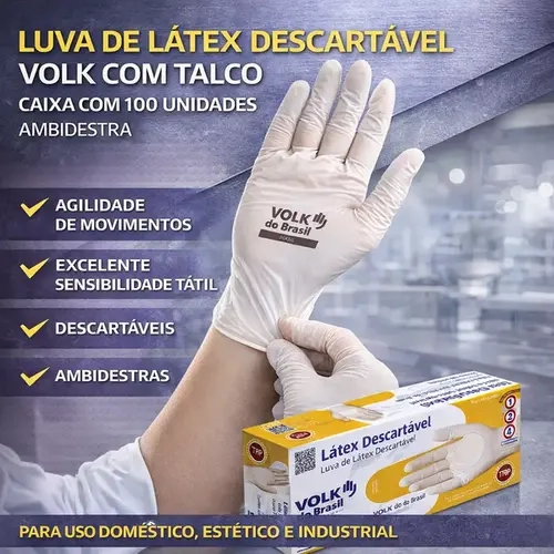 Luva de Látex Descartável Volk Com Talco Caixa Com 100 Unidades Ambidestra CA 15112