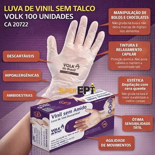 Luva de Vinil Sem Talco Volk 100 Unidades CA 20722