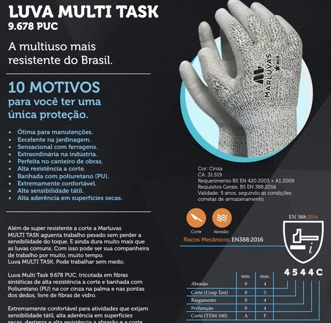 Luva de Proteção Ultra Tech Cut5 Pu Marluvas Anticorte Nível 5 e Banho de Pu na Palma CA 31519