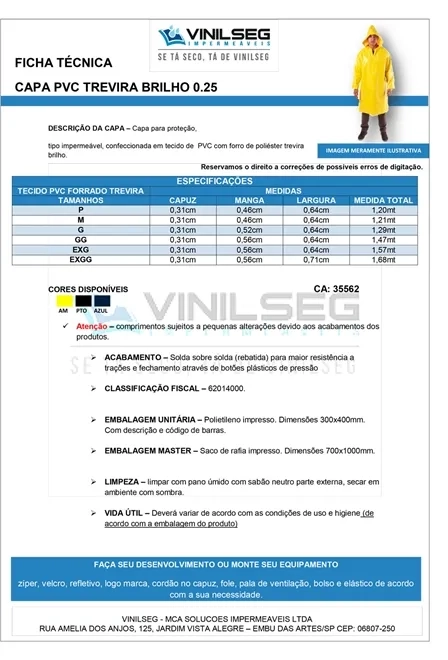 Capa de Chuva Em Pvc Longa Forrada Azul Vinil Seg Linha TOP Mais Resistente CA 33304