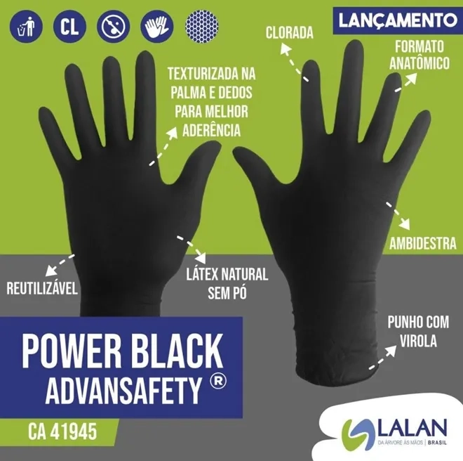 Luva Reutílizavel Em Látex Preta Sem Talco Ambidestra Caixa Com 50 Unidades Power Black Lalan CA 41945
