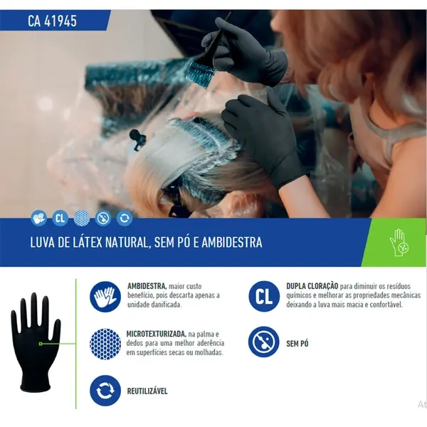 Luva Reutílizavel Em Látex Preta Sem Talco Ambidestra Caixa Com 50 Unidades Power Black Lalan CA 41945
