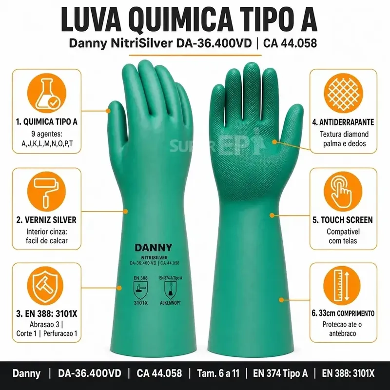 Luva Nitrisilver Danny Verde Nitrílica Com Forro Verniz Silver Antialérgica DA-36400 CA 44058