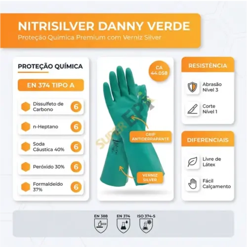 Luva Nitrisilver Danny Verde Nitrílica Com Forro Verniz Silver Antialérgica DA-36400 CA 44058