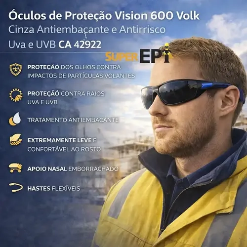 Óculos de Proteção Vision 600 Volk Cinza Antiembaçante e Antirrisco Uva e Uvb CA 42922