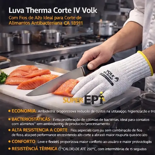 ​​​​​​​Luva Therma Corte IV Volk Com Fios de Aço Ideal para Corte Alimentos Antibacteriana CA 18911