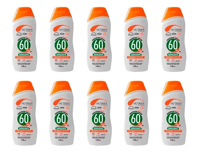 Protetor Solar Fator 60 Com Repelente  UVA e UVB Nutriex 120ml Caixa 10 Unidades