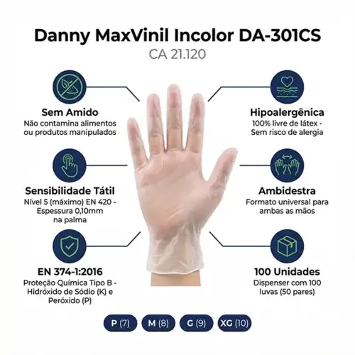 Luva de Vinil Danny Sem Amido incolor  Caixa 10 Dispenser DA-301CS CA 21120