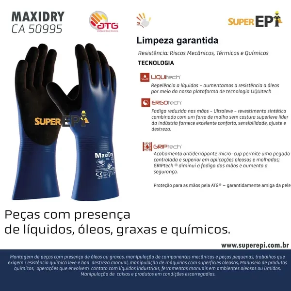 Luva de Alta Performance Atg MaxiDry Plus 75.000 100% Impemeável Alta Proteção Química CA 50995 - Caixa atacado