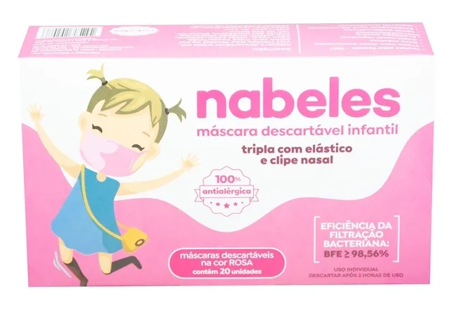 Máscara Tripla Infantil Rosa Nabeles 100% Antialérgica Com Clipe Nasal 20 Unidades
