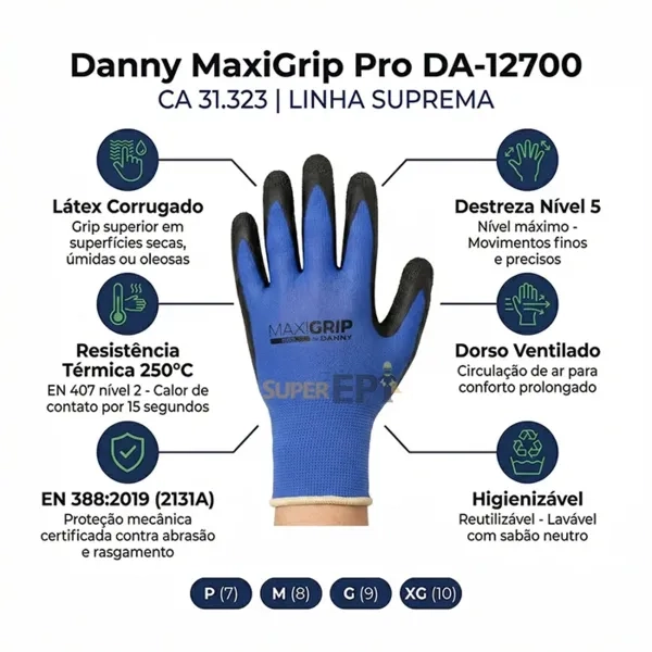 Luva de Nylon Com Latex Preta MaxiGrip PRO Danny DA-12700 CA 31323 Caixa Atacado