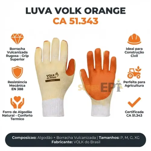 Luva de Segurança Orange Volk CA 21367/51343 Caixa Com 12 Pares