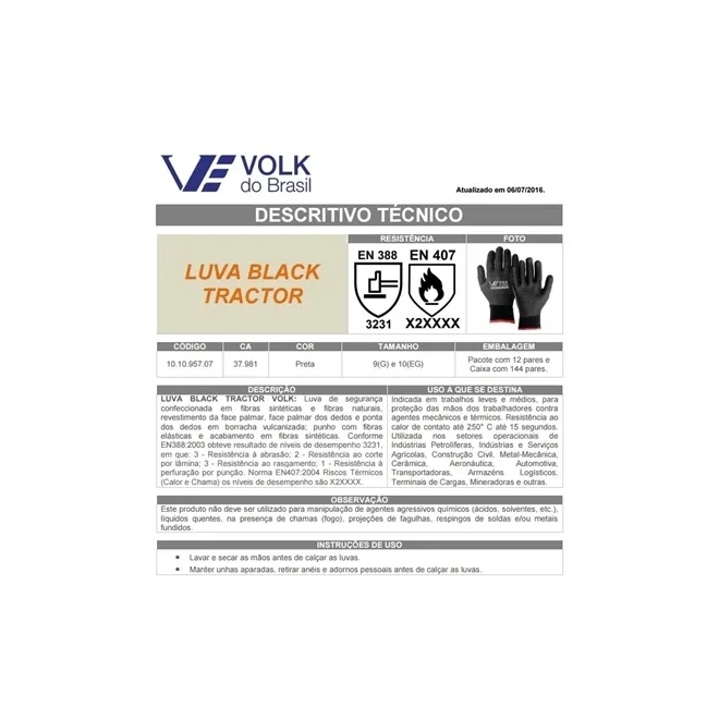 Luva Black Tractor Volk Ca 37981 Caixa