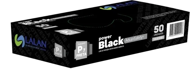 Luva Reutílizavel Em Látex Preta Sem Talco Ambidestra Power Black Lalan CA 41945 Caixa Master 10 Dispenser