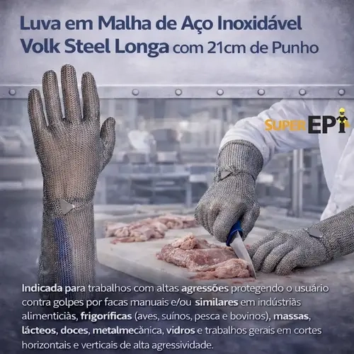 Luva em Malha de Aço Inóxidavel 0,55mm Volk Steel Longa com 21cm de Punho CA 26968
