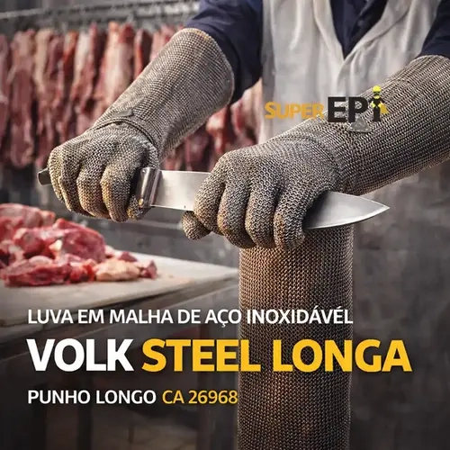 Luva em Malha de Aço Inóxidavel 0,55mm Volk Steel Longa com 21cm de Punho CA 26968