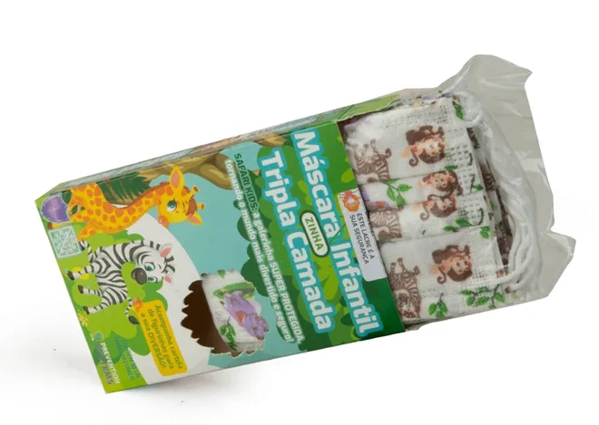 Máscara Tripla Infantil Safari Kids OTB Com Cliple Nasal Antialérgica Caixa com 10 Unidades