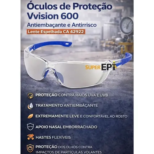 Óculos de Proteção Vvision 600 Antiembaçante e Antirrisco Lente Espelhada CA 42922