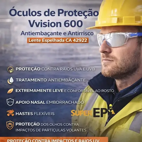Óculos de Proteção Vvision 600 Antiembaçante e Antirrisco Lente Espelhada CA 42922