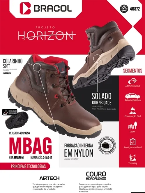 Bota de Segurança de Amarrar Bracol Horizon Mbag Couro Hidrofugado e Bico de Pvc Marrom Ca 40872