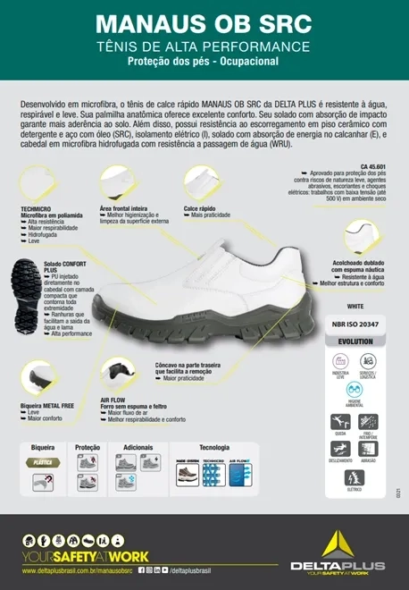 Sapato de Segurança Delta Plus Manaus OB SRC Linha Branca em Microfibra Resistente à água CA 45601
