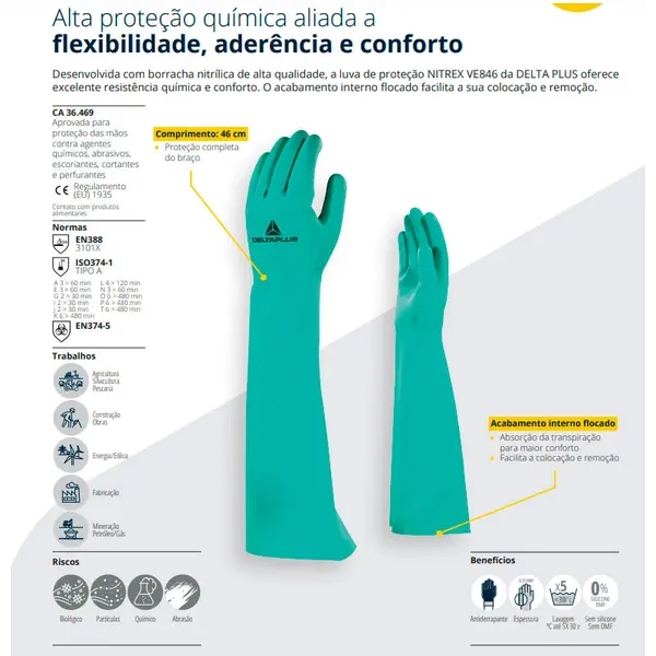 Luva Nitrílica Nitrex VE846 Delta Plus 46CM sem Forro Excelente Resistência CA 36469