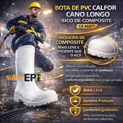 Bota de Pvc Cano Longo 35cm Com Bico de Composite Branca Calfor CELB505  CA 46877