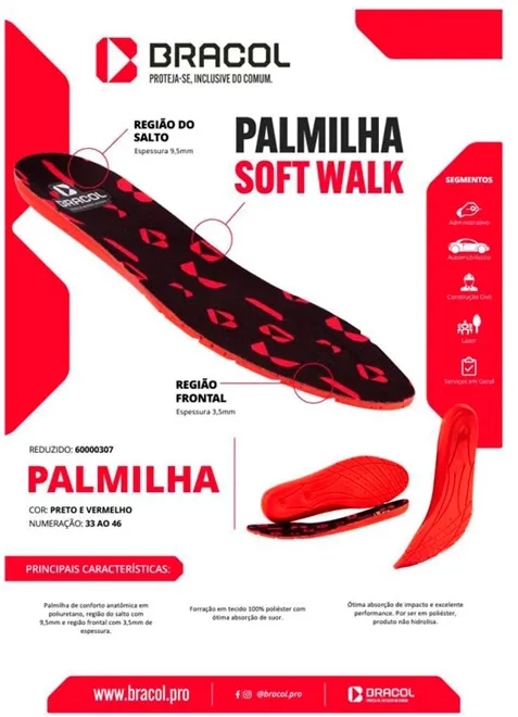 Palmilha Walk Soft Bracol  de Conforto Anatômica em Poliuretano com Ótima Absorção de Umidade  e Resistência ao Rasgo