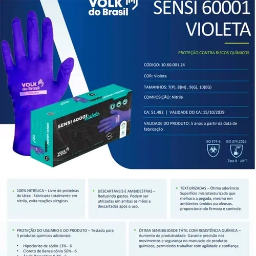 Luva Nitrílica Descartável Violeta Volk Sensi 60001 Caixa com 100 Unidades CA 51482 Modelo 10.60.001.24