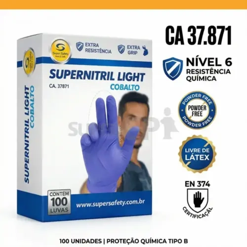 Luva Nitrílica Cobalto Descartável Super Safety Supernitril Light Sem Pó Caixa Com 100un CA 37871