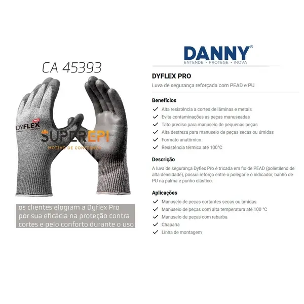 Luva de Segurança Resistente ao Corte de Lâminas e Metais Danny Dyflex Pro DA-12501 CA 45393