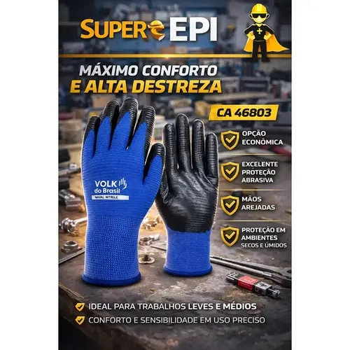 Luva de Segurança Nitril Wave Smart Volk Com Banho Nitrílico CA 46803