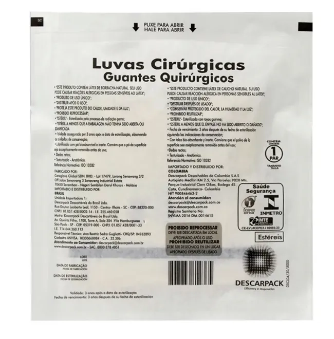 Luva Cirúrgica Estéril em Látex Descarpack com Pó Bioabsorvível Caixa com 50 Pares CA 40636