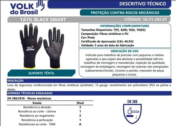 Luva de Segurança Volk Black Smart com Banho de PU – Tátil e Flexível – CA 46932