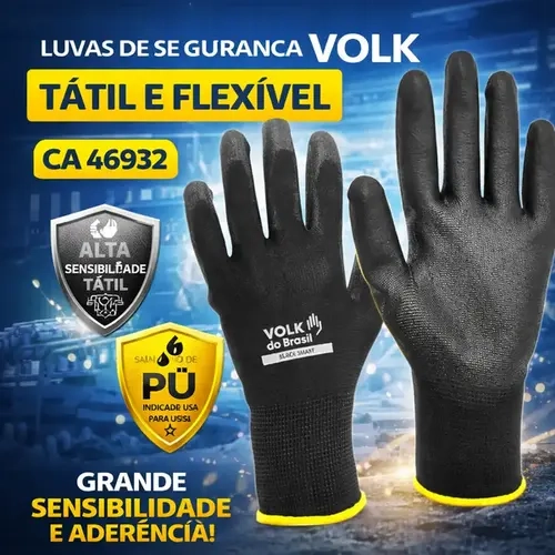 Luva de Segurança Volk Black Smart com Banho de PU – Tátil e Flexível – CA 46932