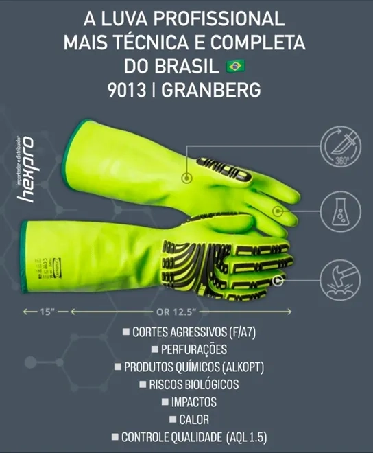 Luva de Segurança Hexpro 9013 Granberg Contra Riscos Múltiplos e Atividades Agressivas CA 47842