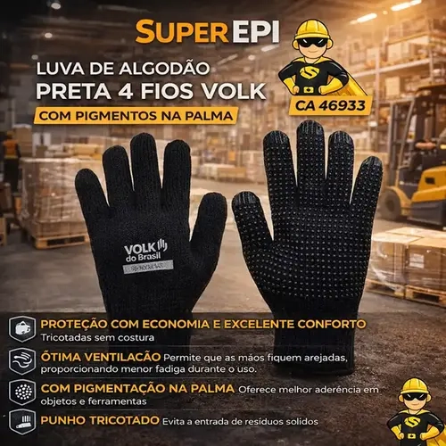Luva de Algodão Preta 4 Fios Volk Pigmentada CA 46933