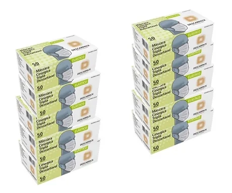 Máscara Tripla Descarpack 3 Camadas Branca e Clipe Nasal - Caixa Master com 10 Dispensers