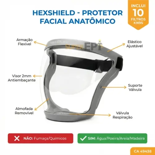 Protetor Facial Anatômico HexPro HexShield Home Antiembaçante CA 49438