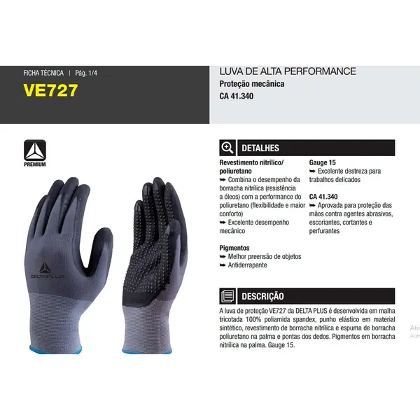 Luva de Segurança Delta Plus VE727 Em Poliamida Spandex e Banho Nitrílico Palma Pigmentada CA 41340