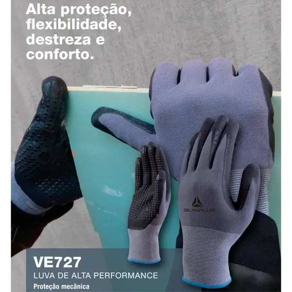 Luva de Segurança Delta Plus VE727 Em Poliamida Spandex e Banho Nitrílico Palma Pigmentada CA 41340